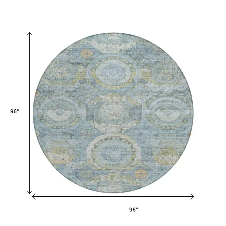 8' Blue And Gold Round Medallion Washable Indoor Outdoor Area Rug