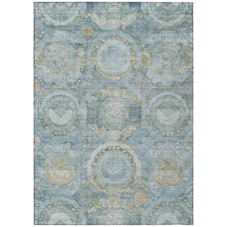 8' X 10' Blue And Gold Medallion Washable Indoor Outdoor Area Rug