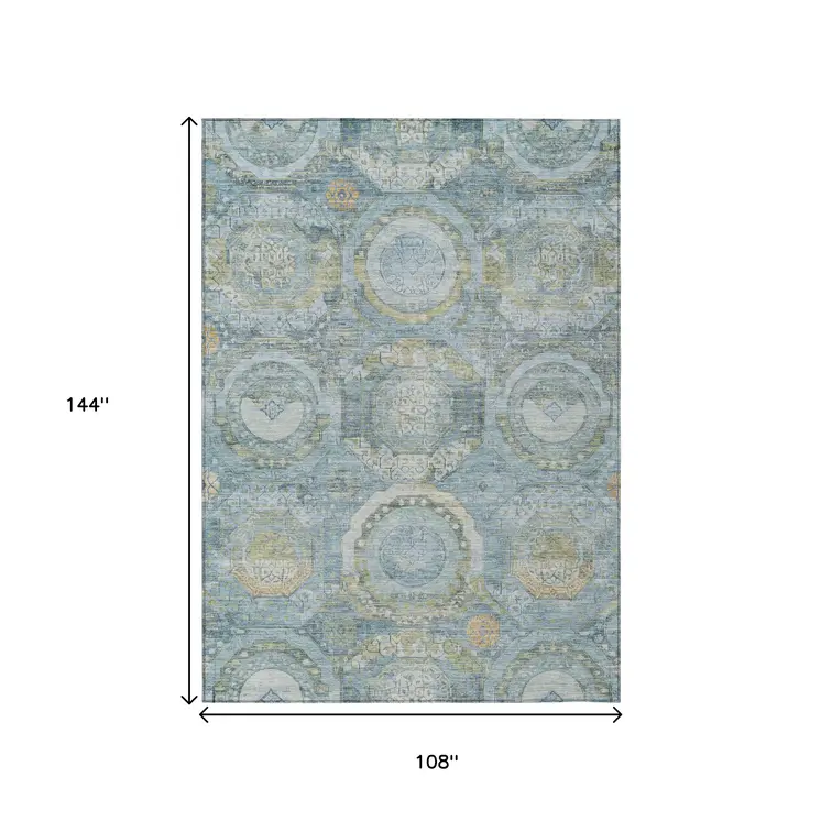 9' X 12' Blue And Gold Medallion Washable Indoor Outdoor Area Rug