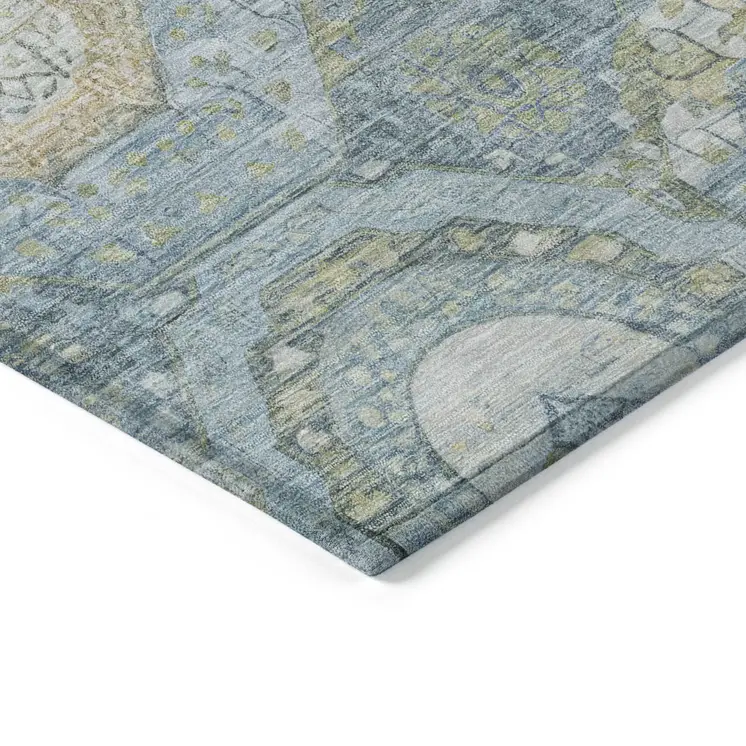 9' X 12' Blue And Gold Medallion Washable Indoor Outdoor Area Rug
