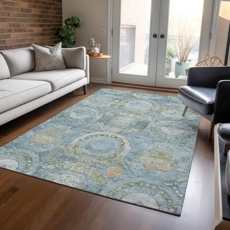 9' X 12' Blue And Gold Medallion Washable Indoor Outdoor Area Rug