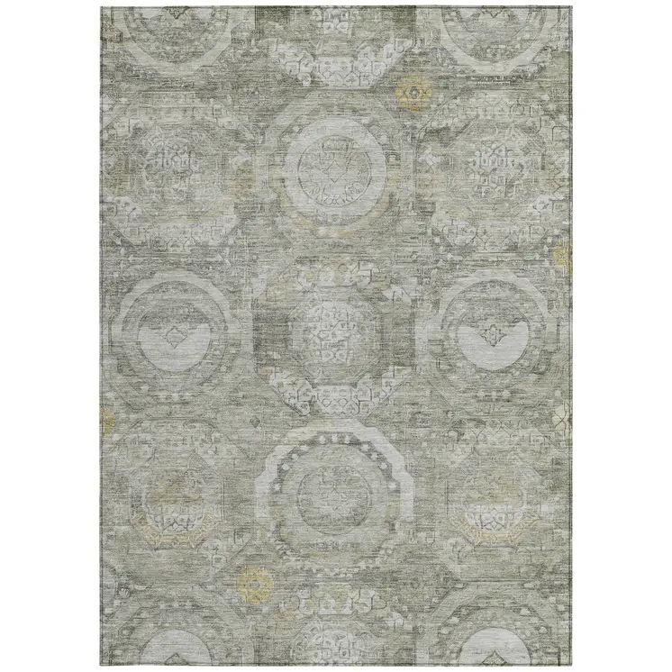 3' X 5' Pewter And Gold Medallion Washable Indoor Outdoor Area Rug
