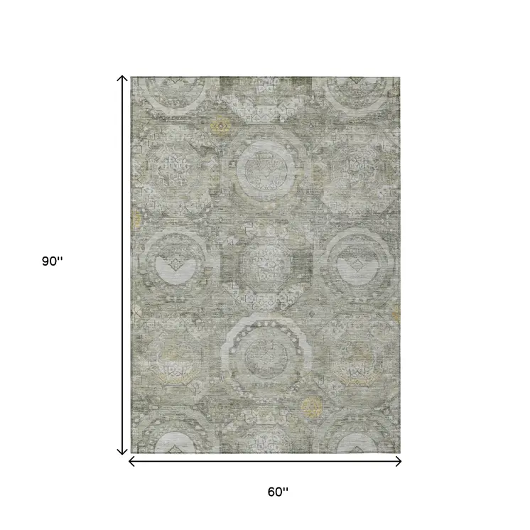 5' X 8' Pewter And Gold Medallion Washable Indoor Outdoor Area Rug