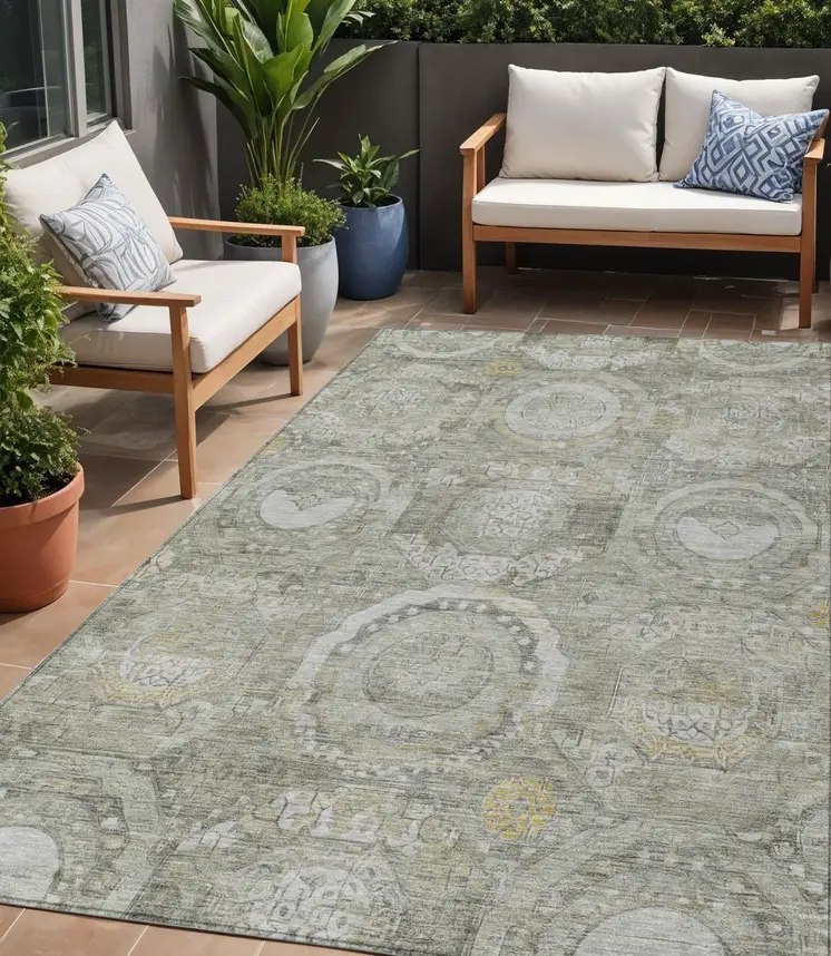 5' X 8' Pewter And Gold Medallion Washable Indoor Outdoor Area Rug