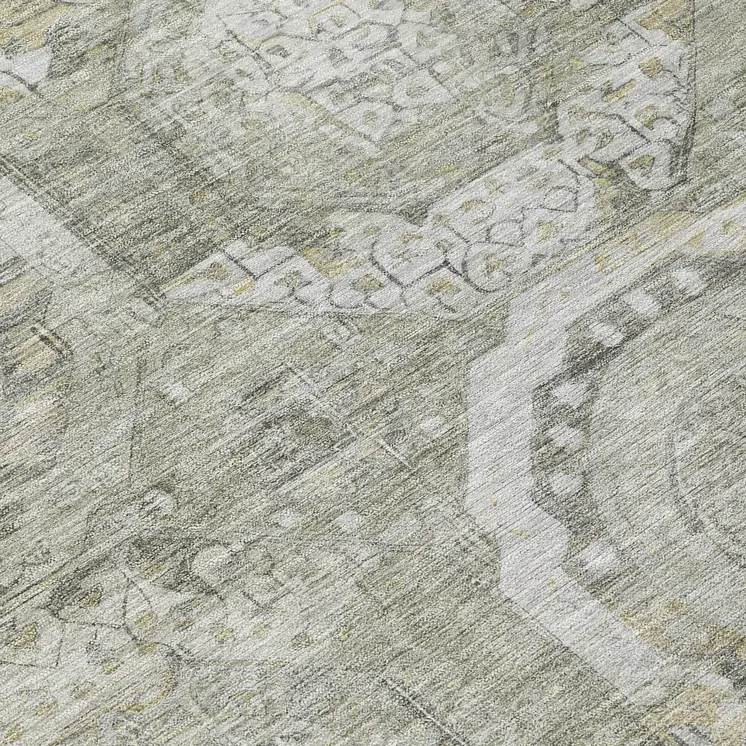 8' Pewter And Gold Round Medallion Washable Indoor Outdoor Area Rug