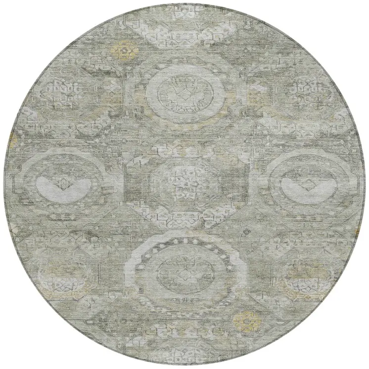 8' Pewter And Gold Round Medallion Washable Indoor Outdoor Area Rug