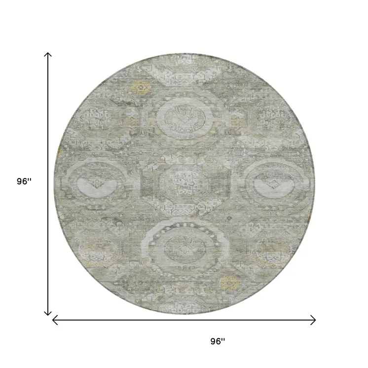 8' Pewter And Gold Round Medallion Washable Indoor Outdoor Area Rug