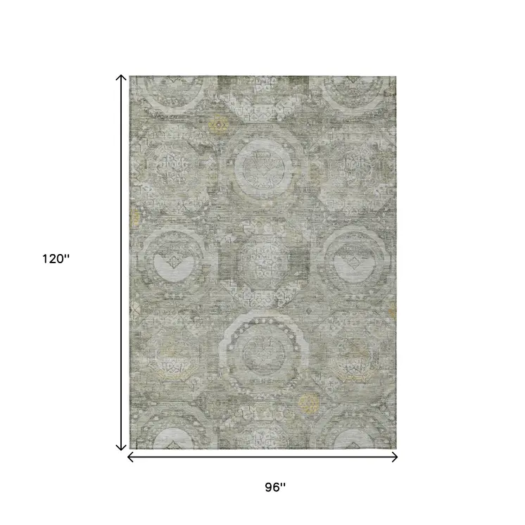 8' X 10' Pewter And Gold Medallion Washable Indoor Outdoor Area Rug