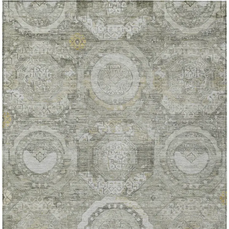 9' X 12' Pewter And Gold Medallion Washable Indoor Outdoor Area Rug