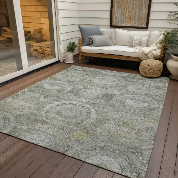 9' X 12' Pewter And Gold Medallion Washable Indoor Outdoor Area Rug