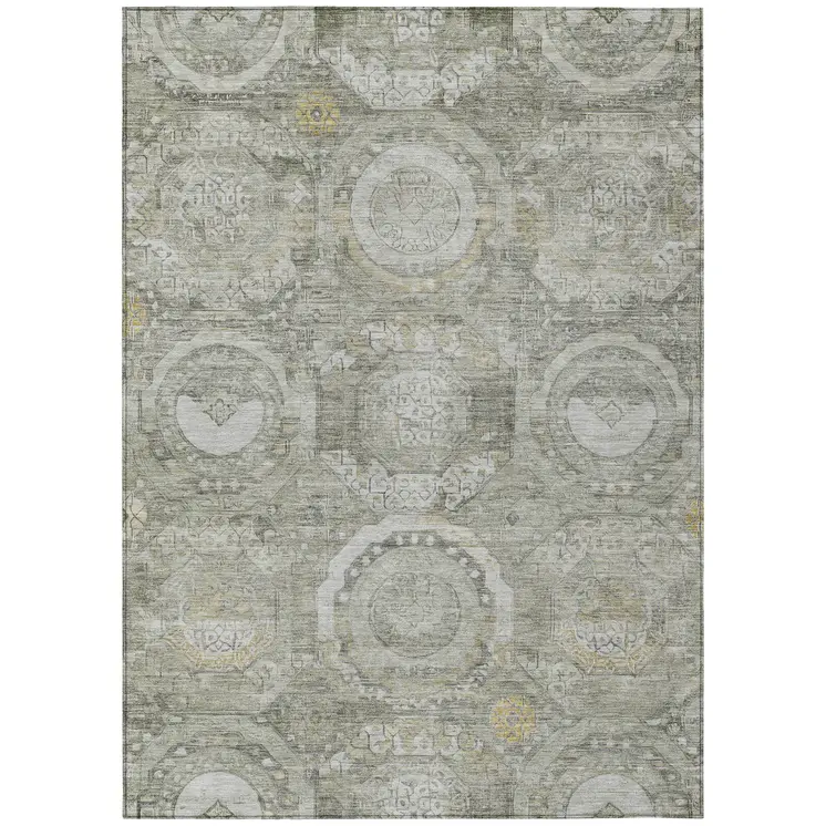 9' X 12' Pewter And Gold Medallion Washable Indoor Outdoor Area Rug