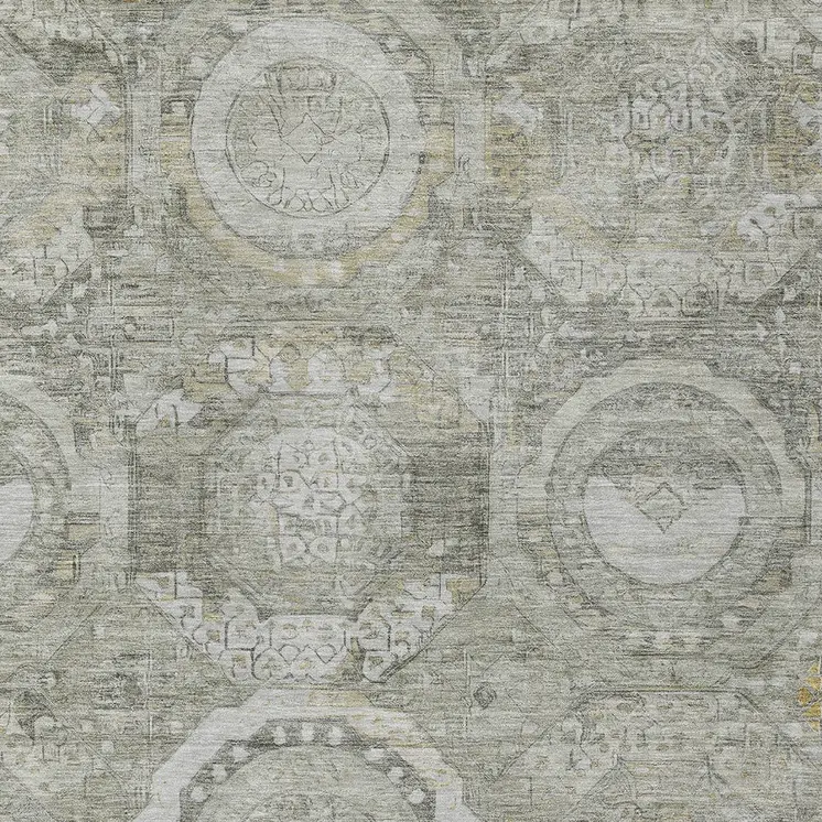 9' X 12' Pewter And Gold Medallion Washable Indoor Outdoor Area Rug
