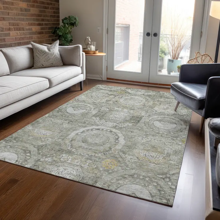9' X 12' Pewter And Gold Medallion Washable Indoor Outdoor Area Rug