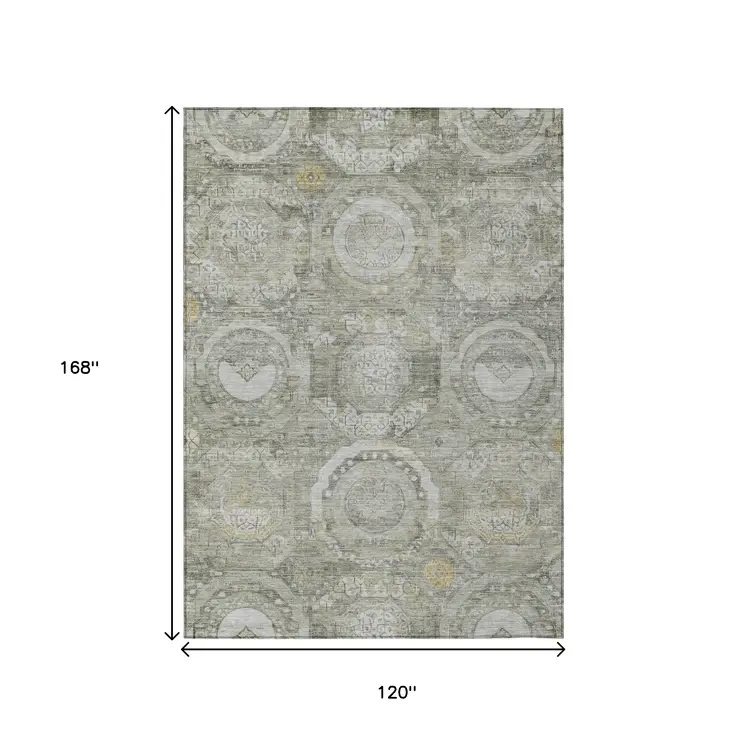 10' X 14' Pewter And Gold Medallion Washable Indoor Outdoor Area Rug