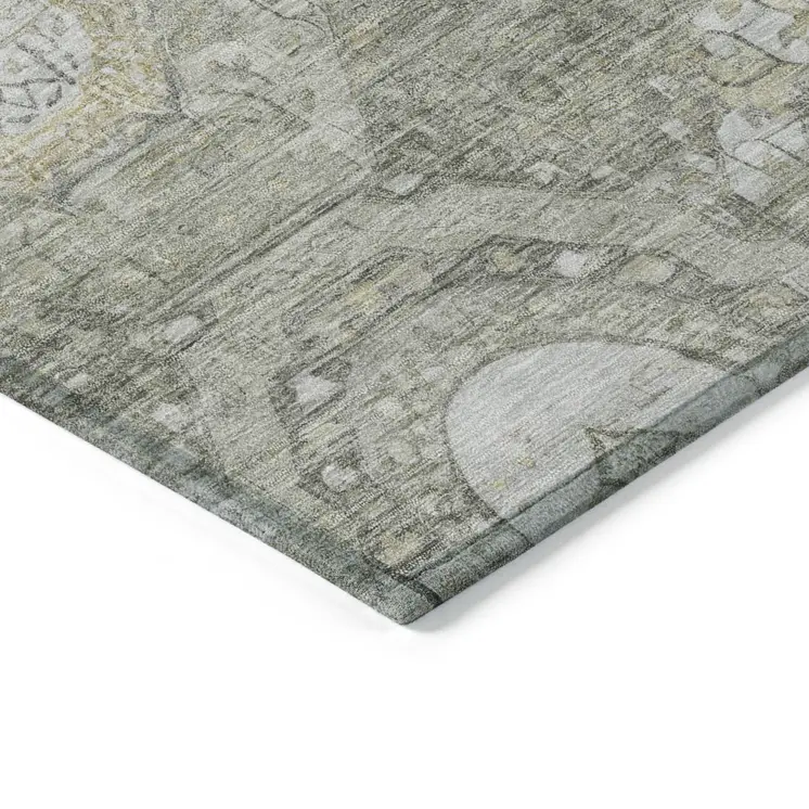 10' X 14' Pewter And Gold Medallion Washable Indoor Outdoor Area Rug