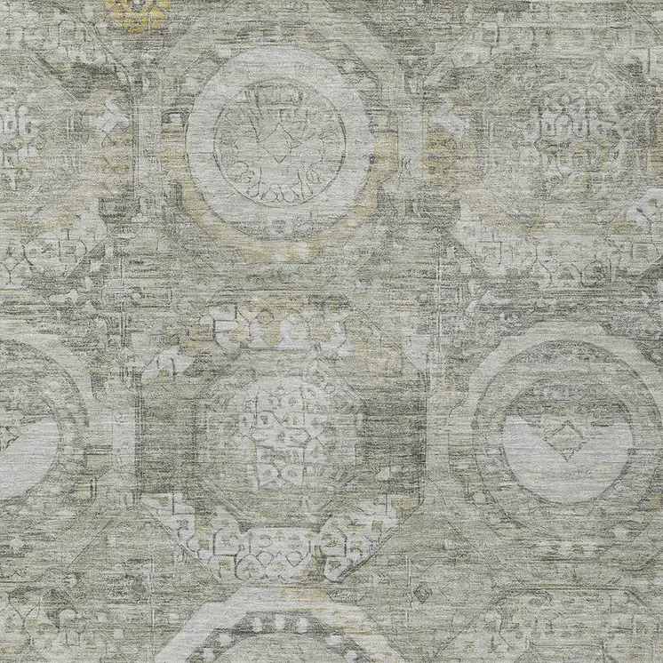 10' X 14' Pewter And Gold Medallion Washable Indoor Outdoor Area Rug