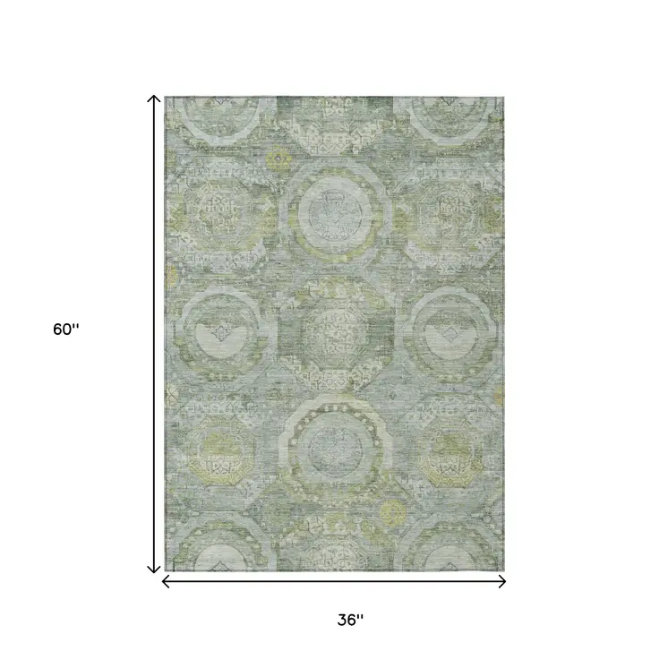 3' X 5' Sage And Gold Medallion Washable Indoor Outdoor Area Rug