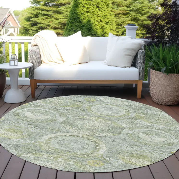 8' Sage And Gold Round Medallion Washable Indoor Outdoor Area Rug