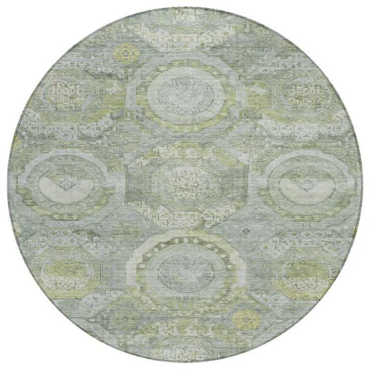 8' Sage And Gold Round Medallion Washable Indoor Outdoor Area Rug