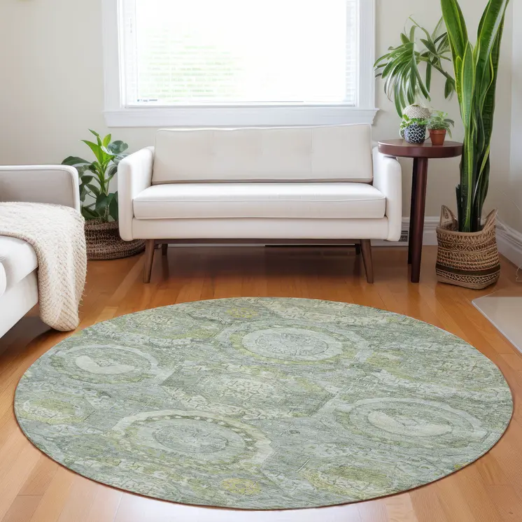 8' Sage And Gold Round Medallion Washable Indoor Outdoor Area Rug