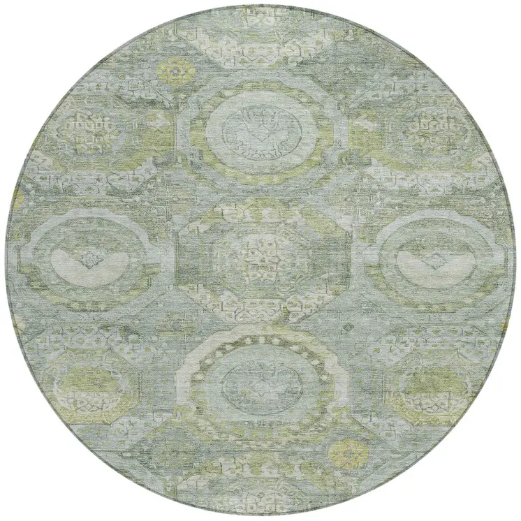 8' Sage And Gold Round Medallion Washable Indoor Outdoor Area Rug