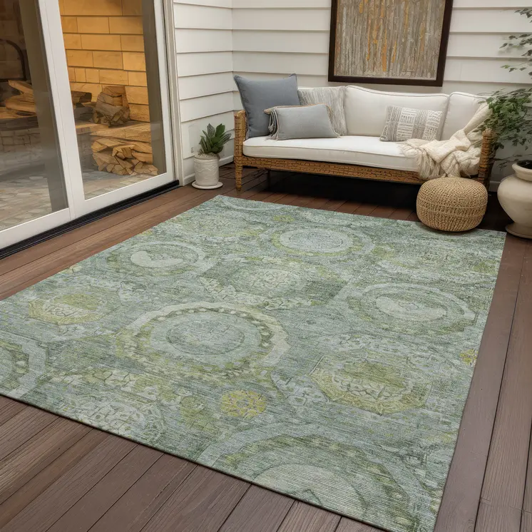 8' X 10' Sage And Gold Medallion Washable Indoor Outdoor Area Rug