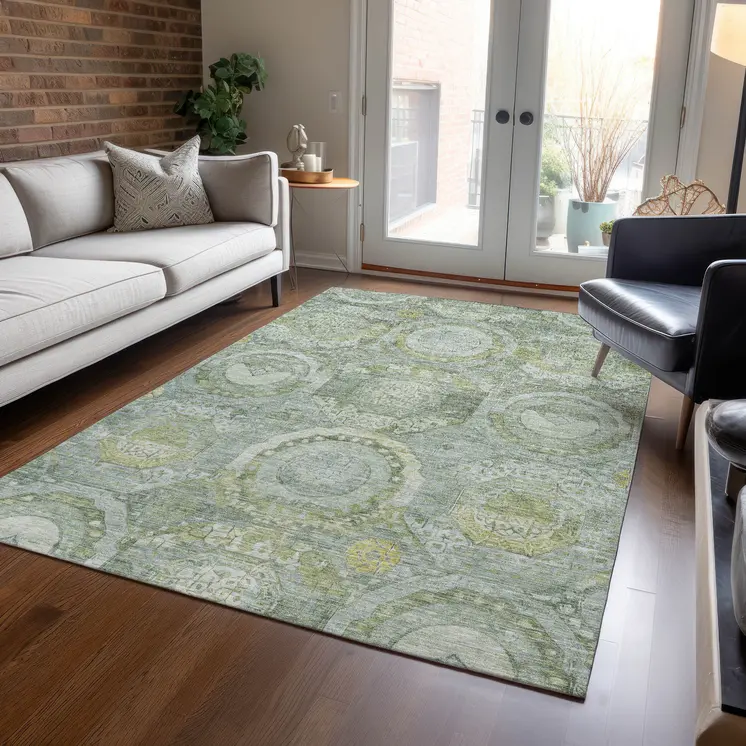8' X 10' Sage And Gold Medallion Washable Indoor Outdoor Area Rug