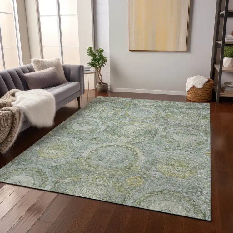8' X 10' Sage And Gold Medallion Washable Indoor Outdoor Area Rug