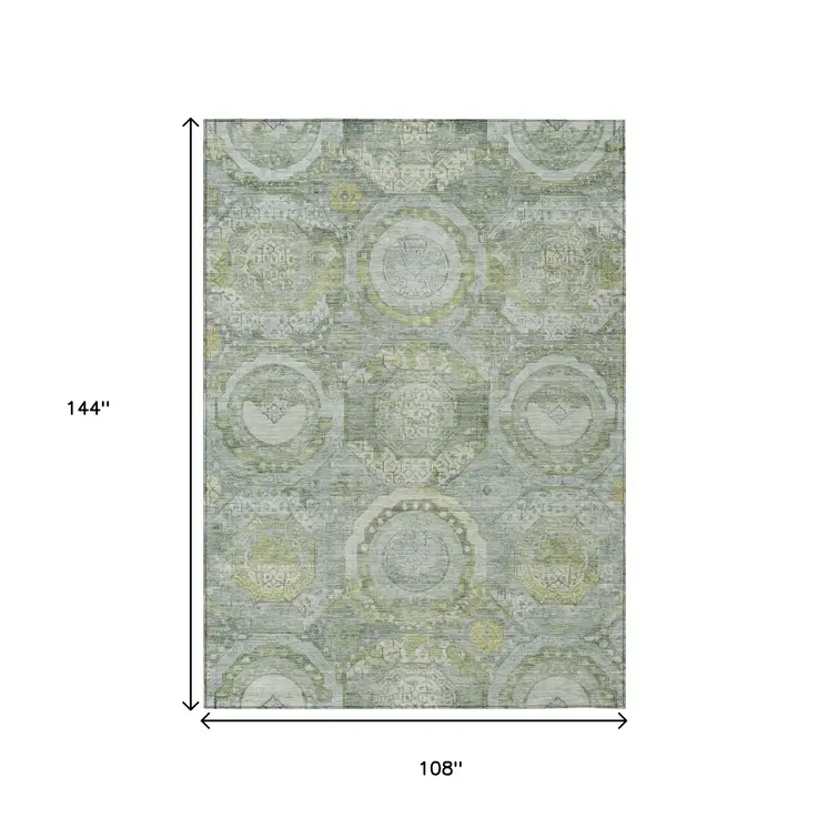 9' X 12' Sage And Gold Medallion Washable Indoor Outdoor Area Rug