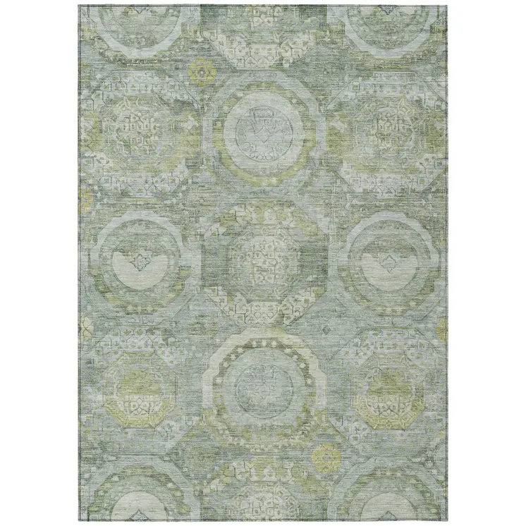 9' X 12' Sage And Gold Medallion Washable Indoor Outdoor Area Rug