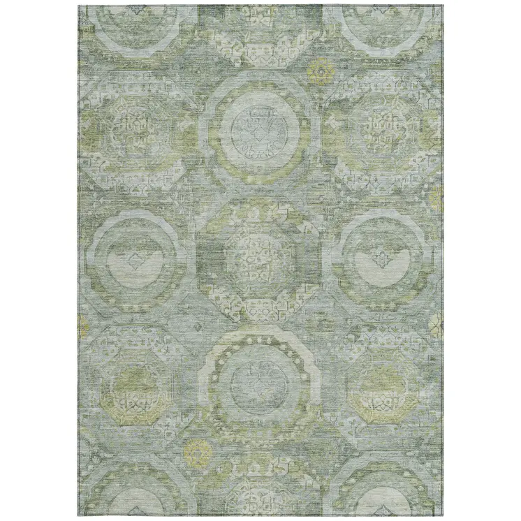 9' X 12' Sage And Gold Medallion Washable Indoor Outdoor Area Rug
