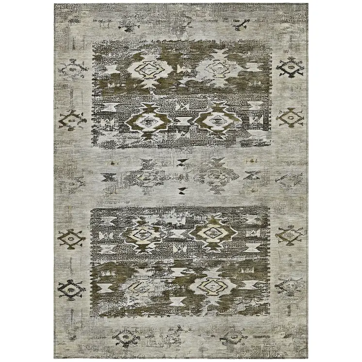 5' X 8' Brown And Ivory Aztec Washable Indoor Outdoor Area Rug