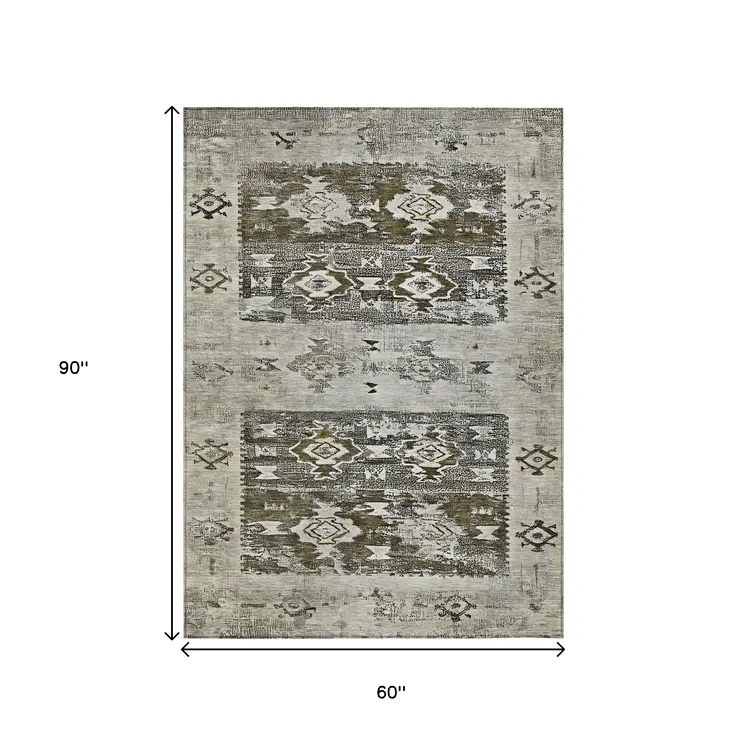 5' X 8' Brown And Ivory Aztec Washable Indoor Outdoor Area Rug