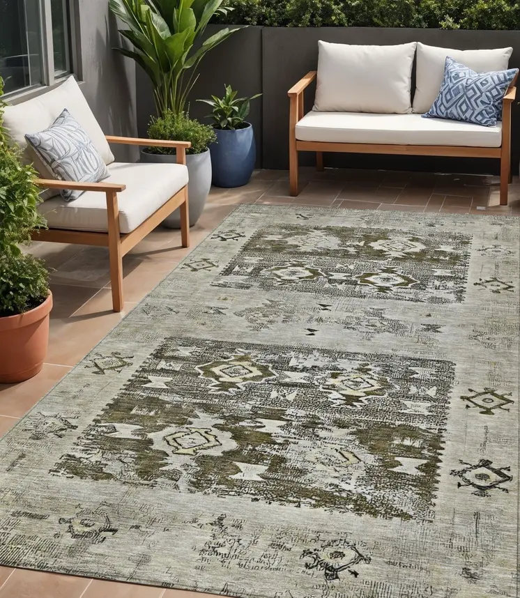5' X 8' Brown And Ivory Aztec Washable Indoor Outdoor Area Rug