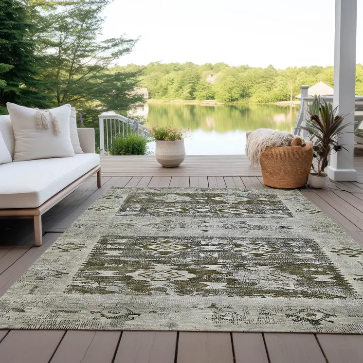 5' X 8' Brown And Ivory Aztec Washable Indoor Outdoor Area Rug