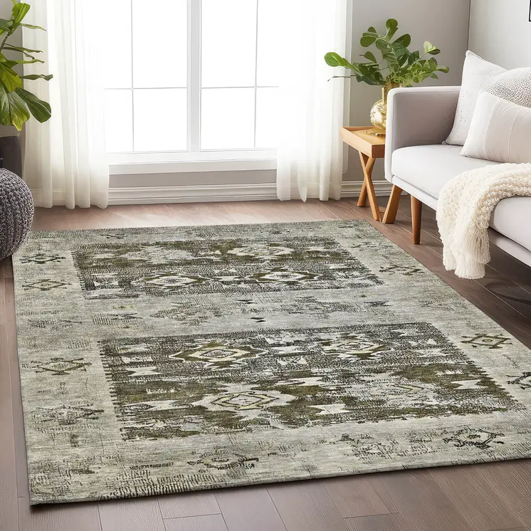5' X 8' Brown And Ivory Aztec Washable Indoor Outdoor Area Rug