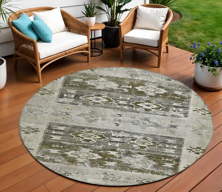 8' Brown And Ivory Round Aztec Washable Indoor Outdoor Area Rug