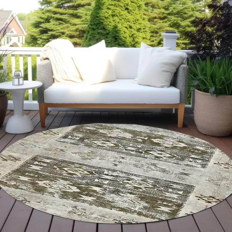 8' Brown And Ivory Round Aztec Washable Indoor Outdoor Area Rug