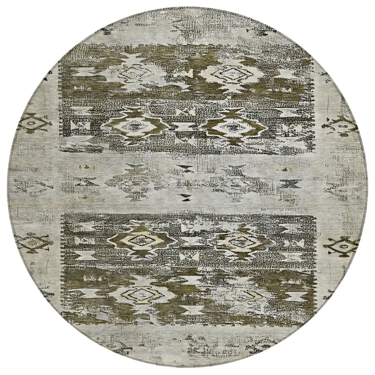 8' Brown And Ivory Round Aztec Washable Indoor Outdoor Area Rug