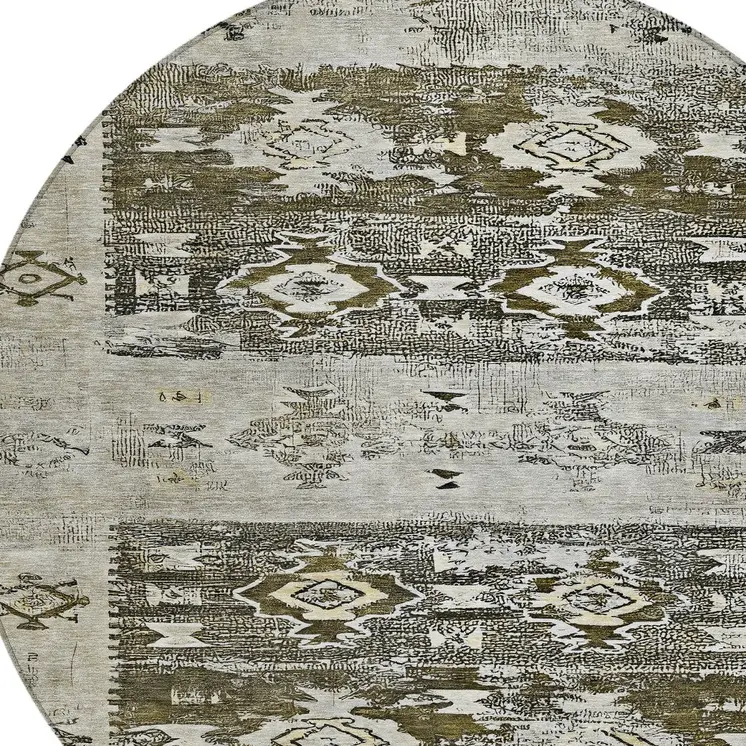 8' Brown And Ivory Round Aztec Washable Indoor Outdoor Area Rug