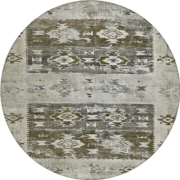 8' Brown And Ivory Round Aztec Washable Indoor Outdoor Area Rug