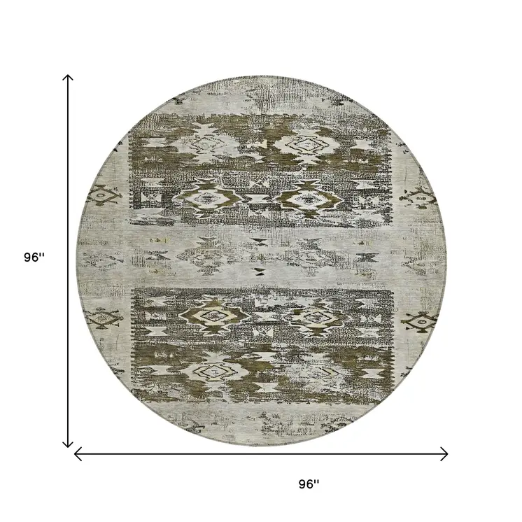 8' Brown And Ivory Round Aztec Washable Indoor Outdoor Area Rug