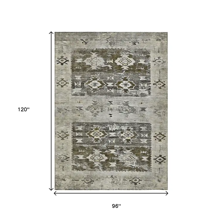 8' X 10' Brown And Ivory Aztec Washable Indoor Outdoor Area Rug