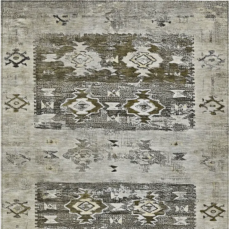 10' X 14' Brown And Ivory Aztec Washable Indoor Outdoor Area Rug