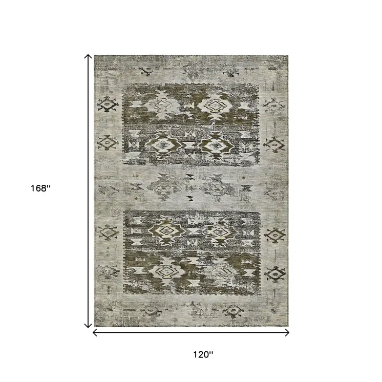 10' X 14' Brown And Ivory Aztec Washable Indoor Outdoor Area Rug