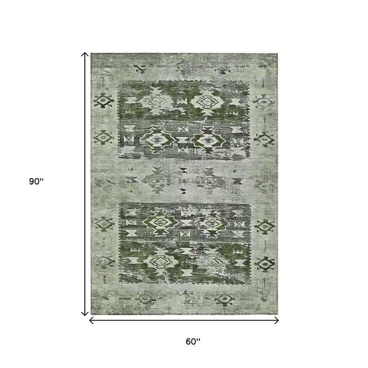 5' X 8' Olive Green And Ivory Aztec Washable Indoor Outdoor Area Rug