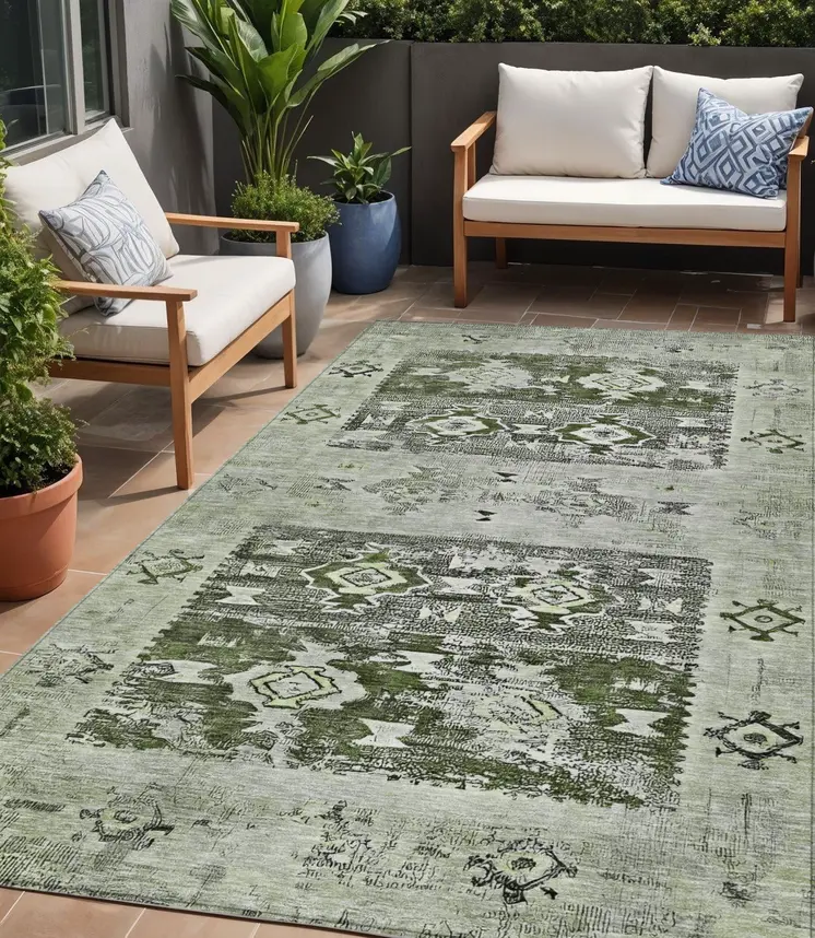 5' X 8' Olive Green And Ivory Aztec Washable Indoor Outdoor Area Rug