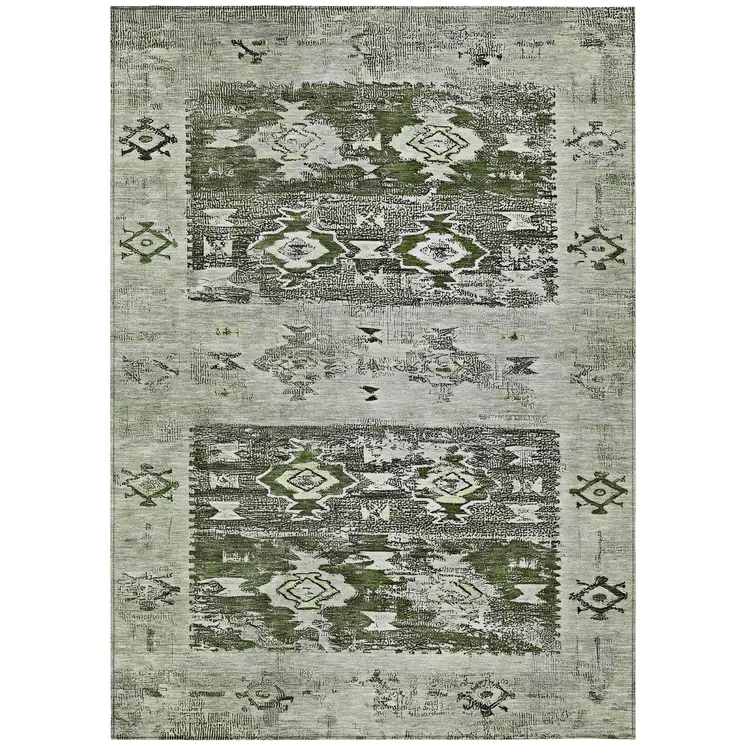 5' X 8' Olive Green And Ivory Aztec Washable Indoor Outdoor Area Rug