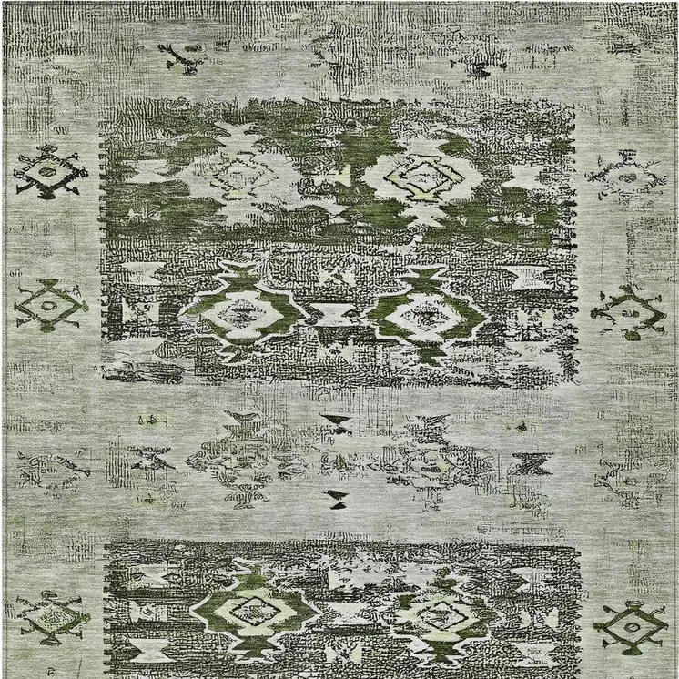 5' X 8' Olive Green And Ivory Aztec Washable Indoor Outdoor Area Rug