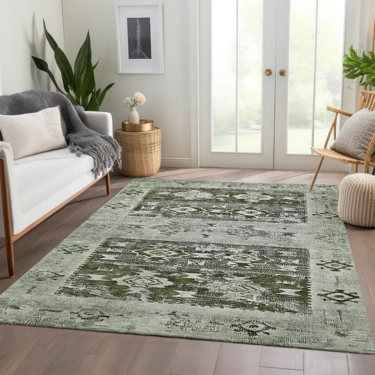 5' X 8' Olive Green And Ivory Aztec Washable Indoor Outdoor Area Rug